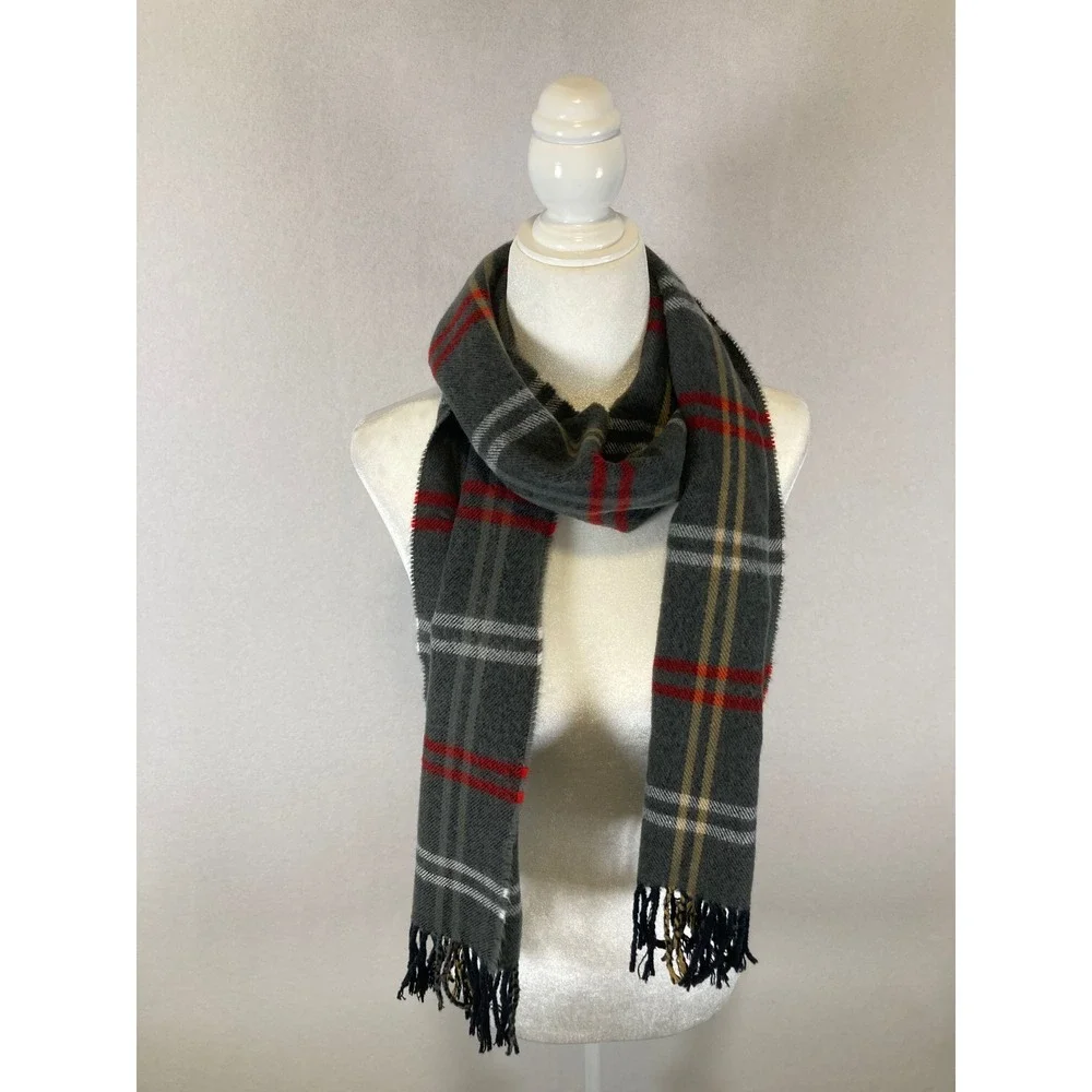 Classic Dark Academia Unbranded Womens OS Grey‎ Red Plaid Fringed Winter Scarf